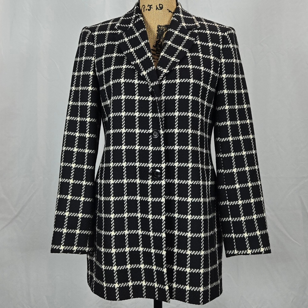 Talbots Petites Women 4 100% Wool Windowpane Blazer Black White Tailored